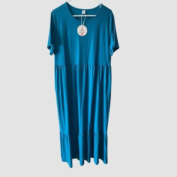 Anrabess Blue Short Sleeve Maxi T-Shirt Dress Size XL Pockets Tiered NWT - Picture 3 of 7